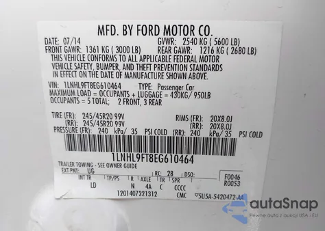 2014 Lincoln Mks Ecoboost from USA, damaged, VIN 1LNHL9FT8EG610464